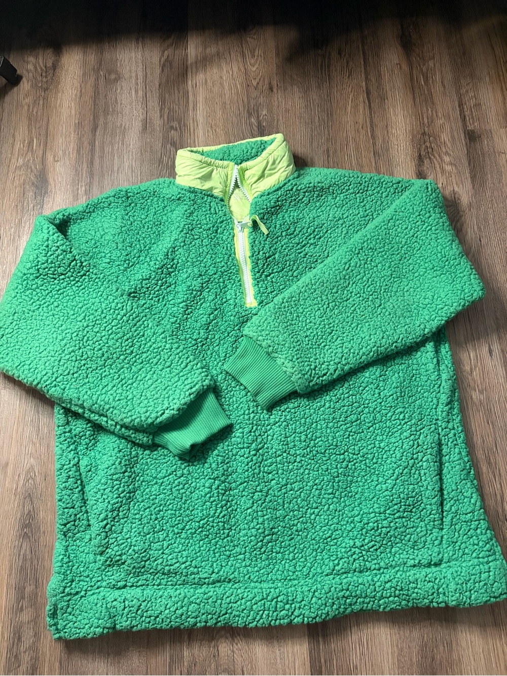 aerie Green Sherpa Quarter-Zip Pullover with Lime Trim